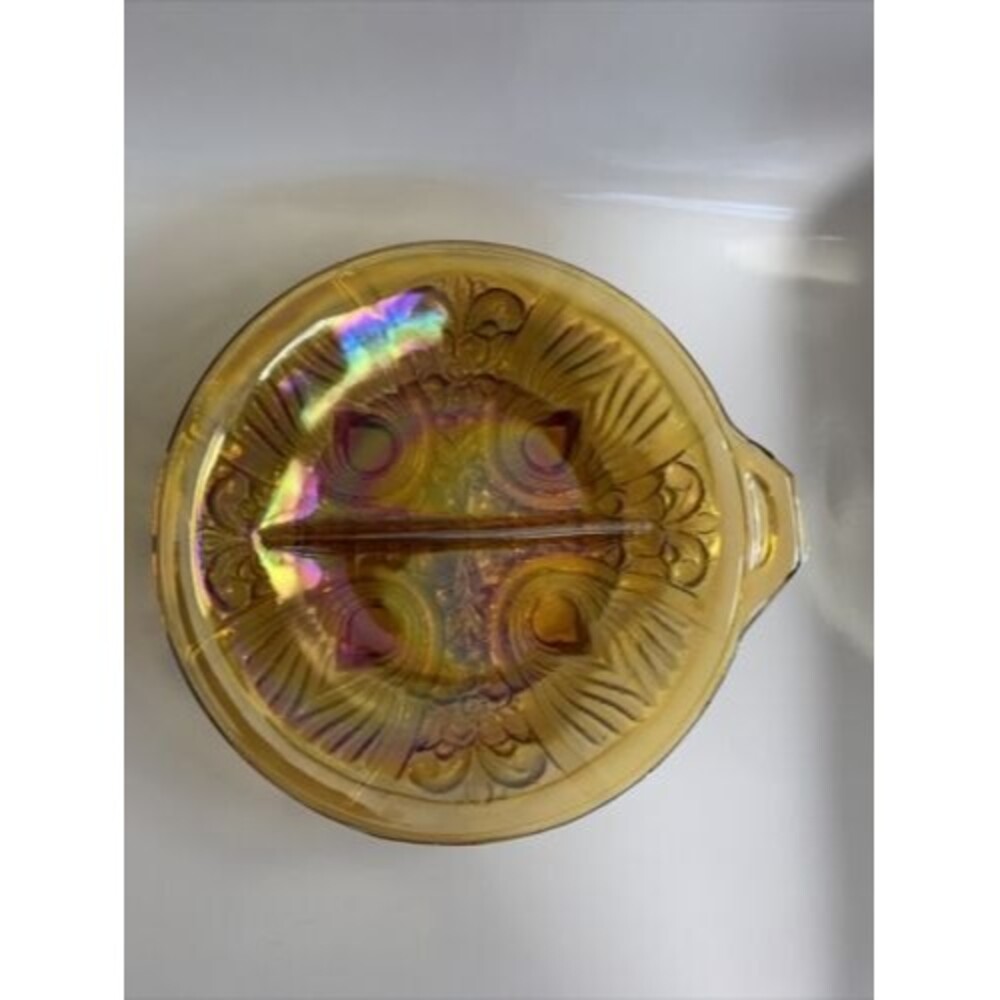 Canival Glass Irridescent Amber Divided Dish Serving Bowl Plate Vintage